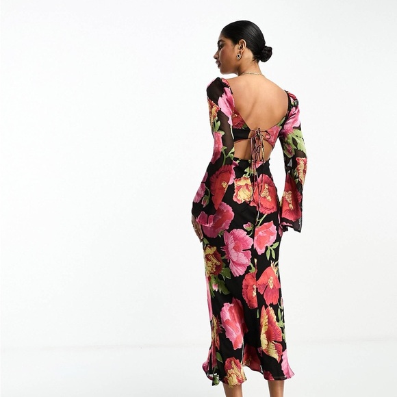ASOS Long Sleeve Midi Floral Burnout Print Dress - Black/Multi - US sz 12 - NWT - Picture 2 of 7